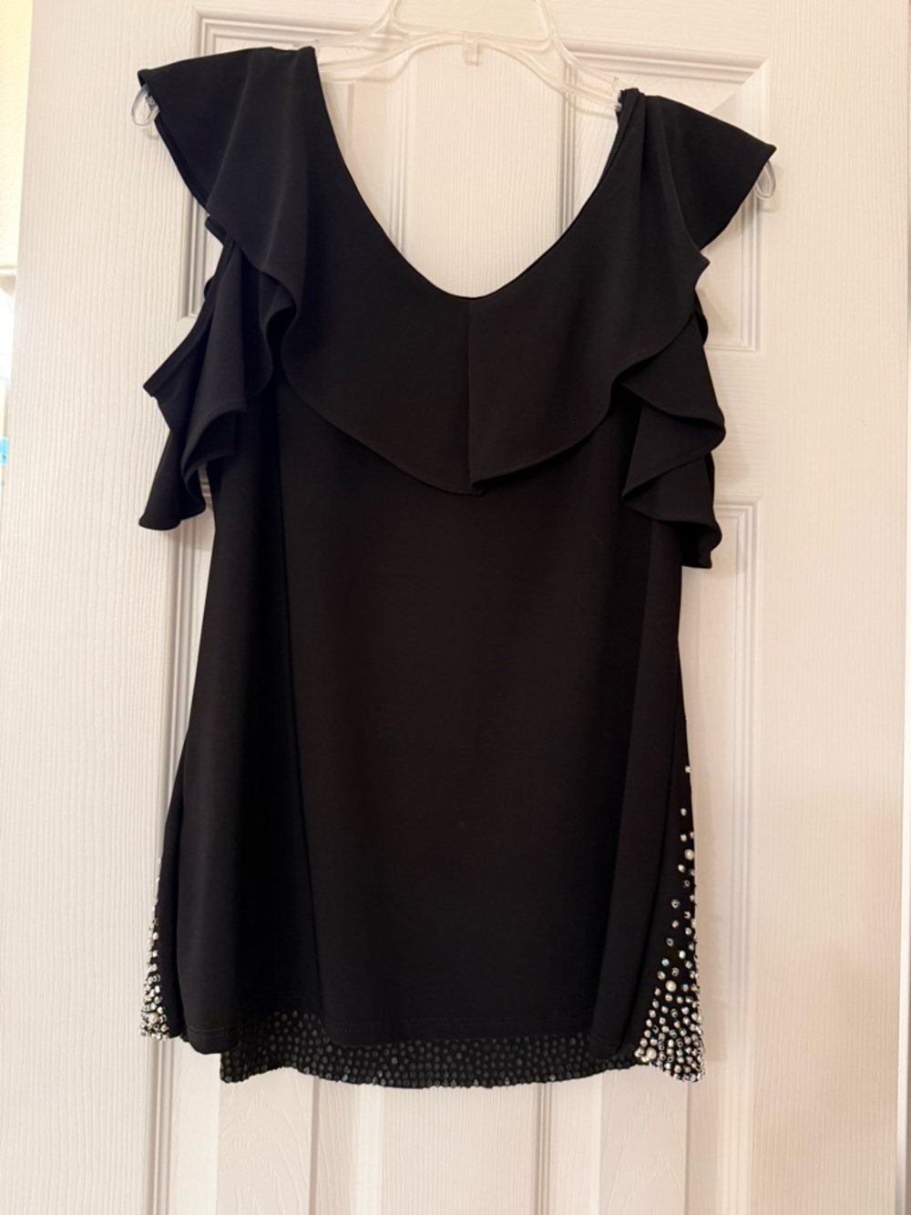 Black Ruffle Sleeve Embellished Women’s Top - Picture 2 of 2